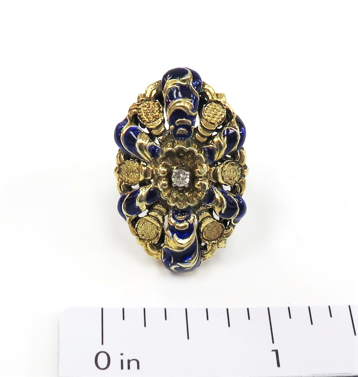 Victorian 1880s Blue Enamel and Diamond Ring or 14 Karat Yellow Gold 3