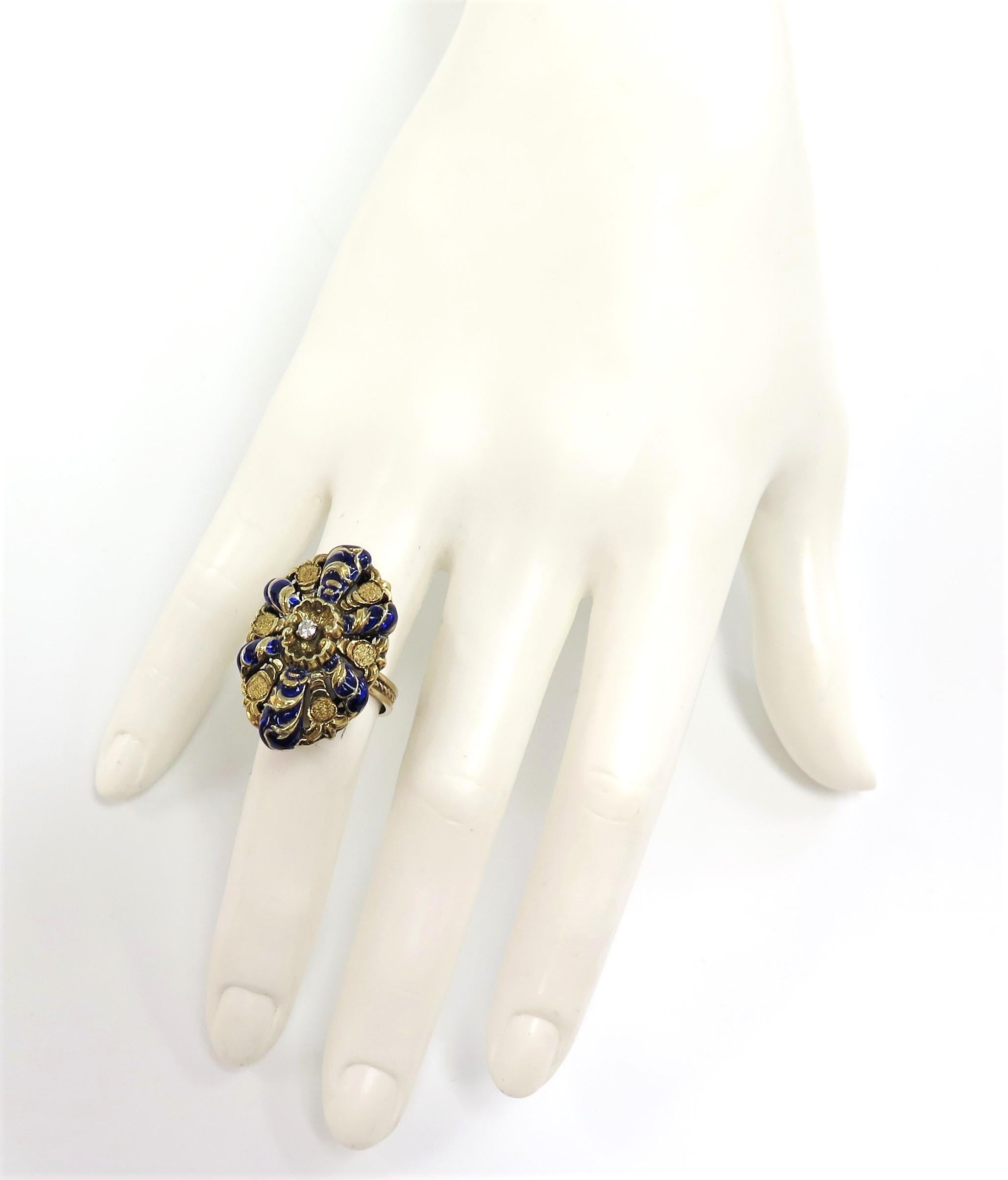 Victorian 1880s Blue Enamel and Diamond Ring or 14 Karat Yellow Gold 4