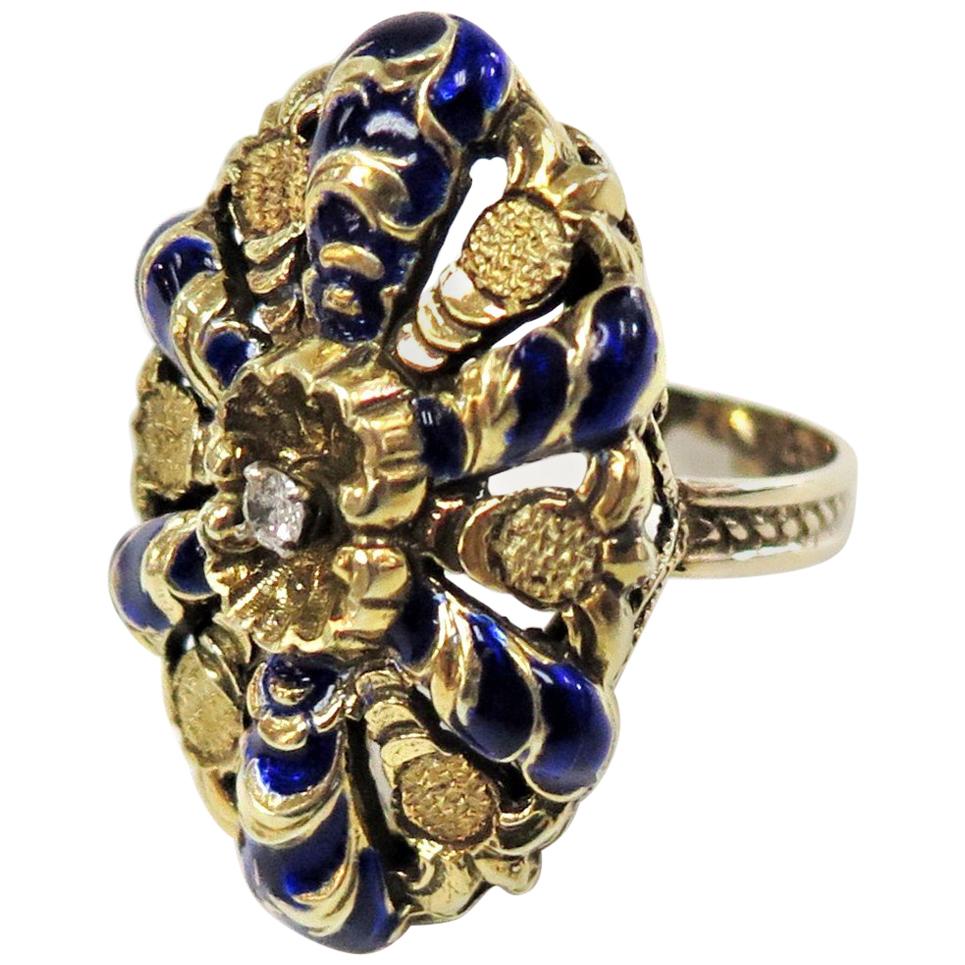 Victorian 1880s Blue Enamel and Diamond Ring or 14 Karat Yellow Gold