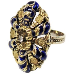 Victorian 1880s Blue Enamel and Diamond Ring or 14 Karat Yellow Gold