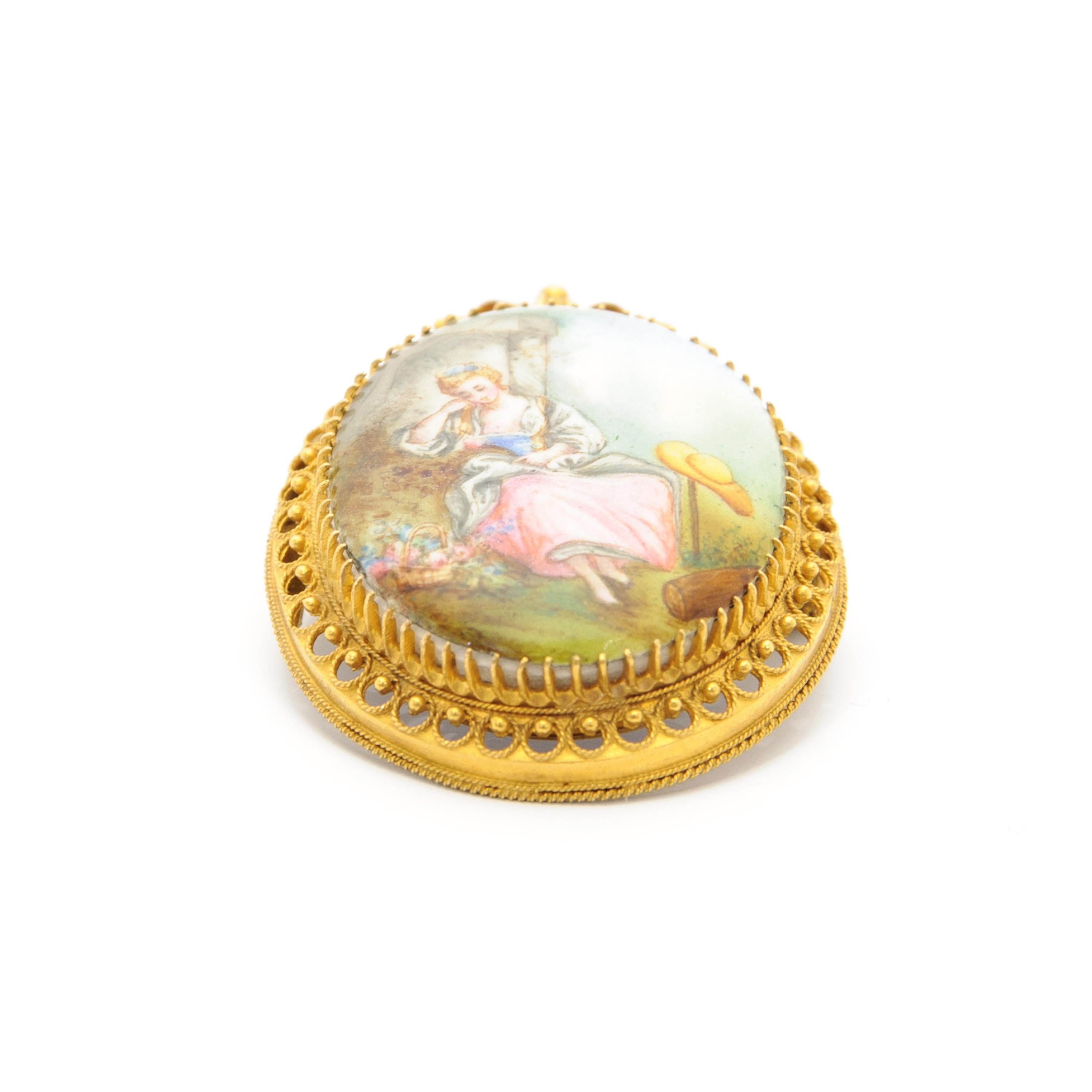 Victorian Antique 19th Century Miniature Painting 14K Gold Brooch For Sale