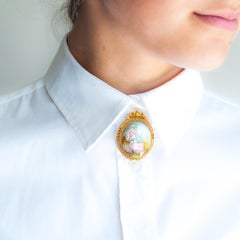 Antique 14K Gold Enamel Brooch with Miniature Painting, 19th Century