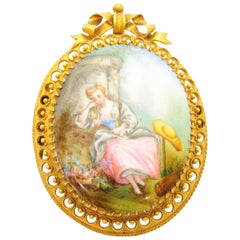Antique 19th Century Painted Enamel 14K Gold Brooch