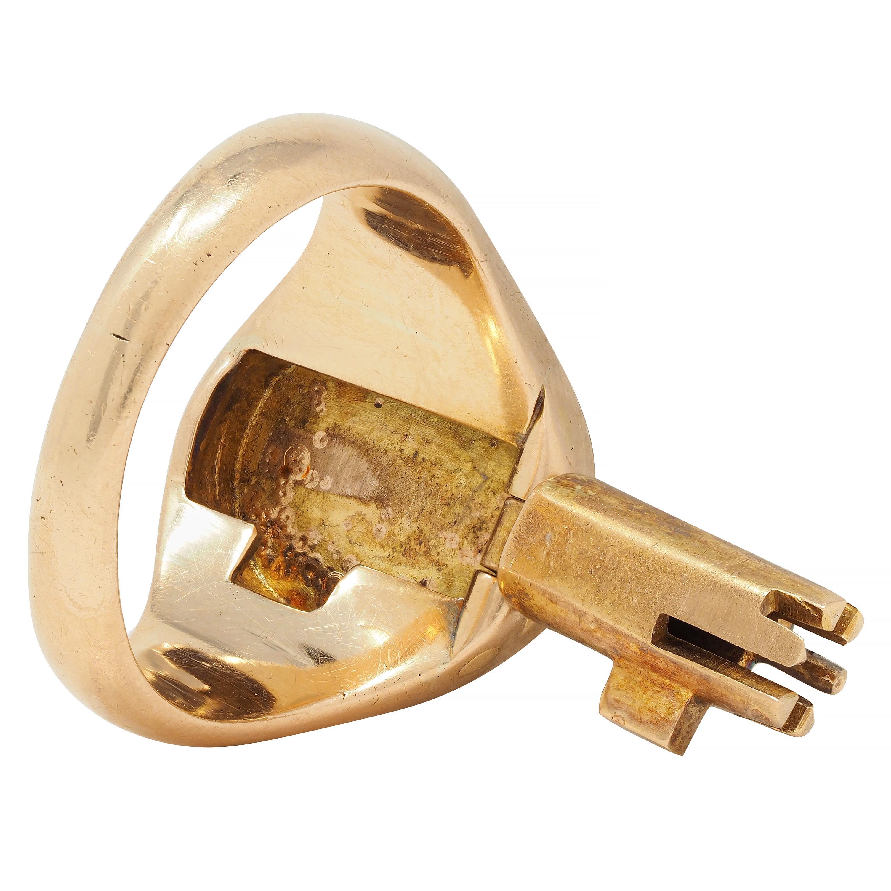 Victorian 1880's Hidden Key 14 Karat Yellow Gold Unisex Antique Signet Ring 7
