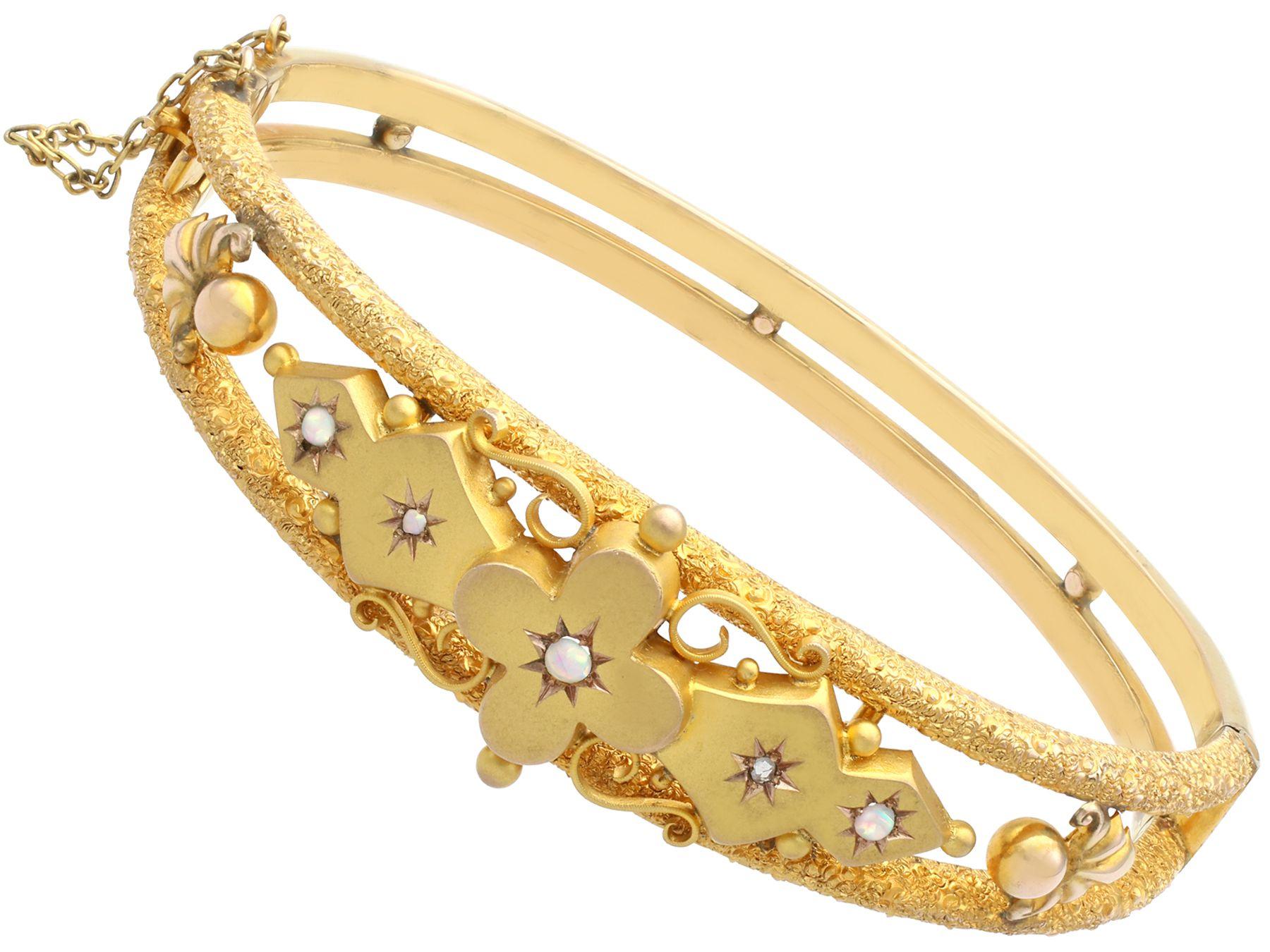 Cabochon Victorian Opal and Diamond Yellow Gold Bangle For Sale