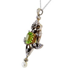 Victorian 1880s Peridot Diamond Pearl Silver Gold Lavalier