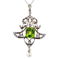 Victorian 1880s Peridot Diamond Pearl Silver Gold Lavalier