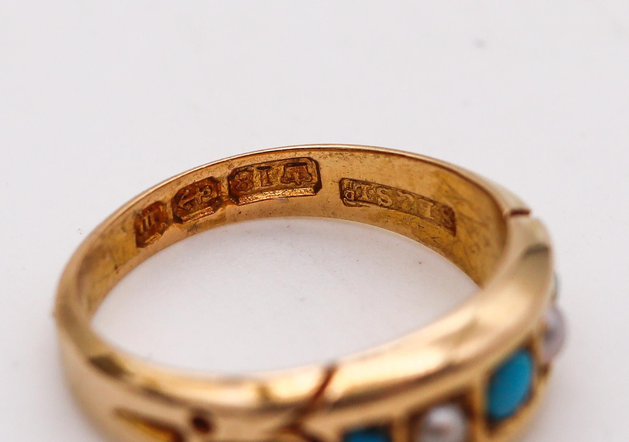 Cabochon Victorian 1886 Birmingham Antique Ring in 18kt Gold with Turquoises and Pearls