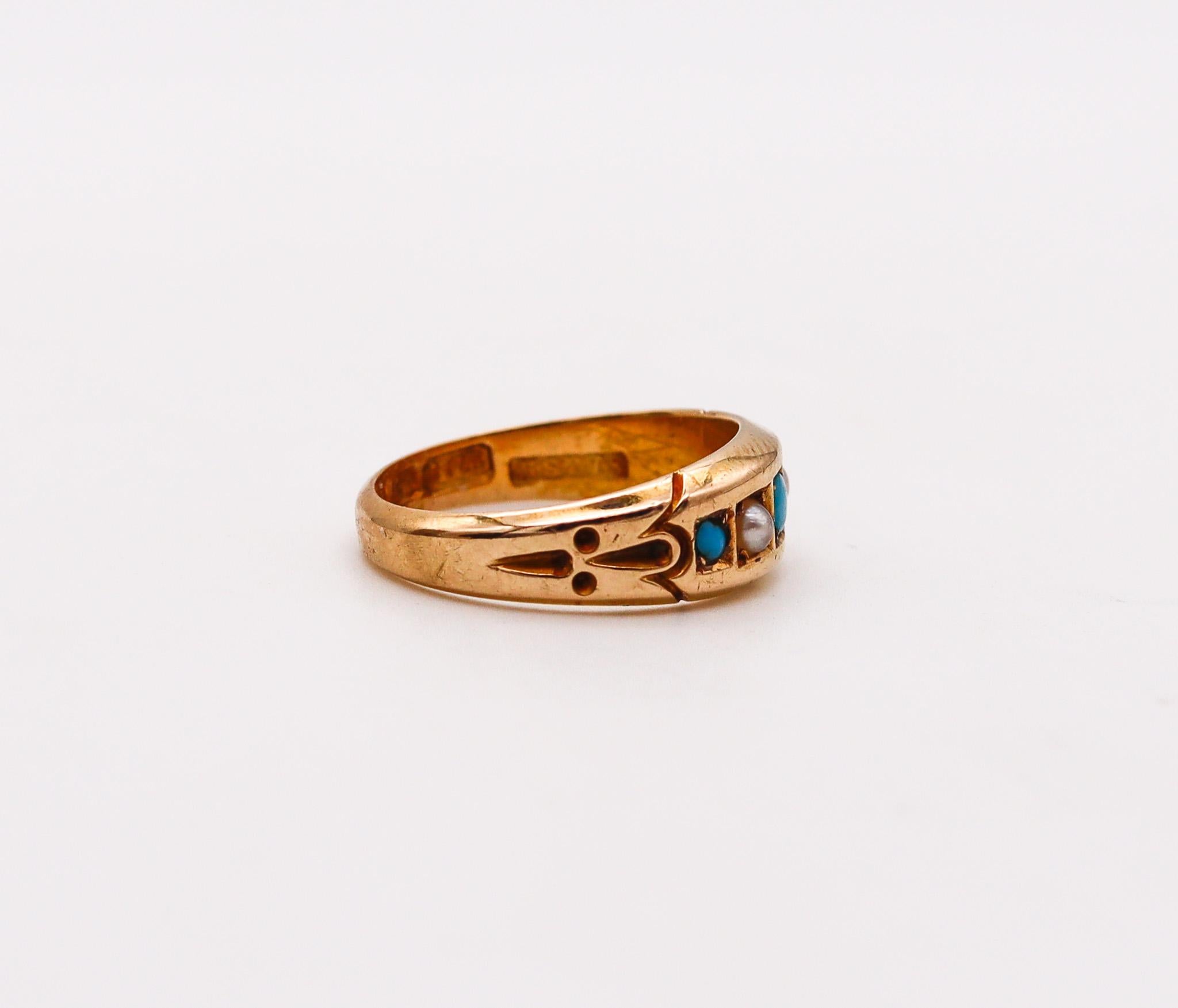 Victorian 1886 Birmingham Antique Ring in 18kt Gold with Turquoises and Pearls In Excellent Condition In Miami, FL