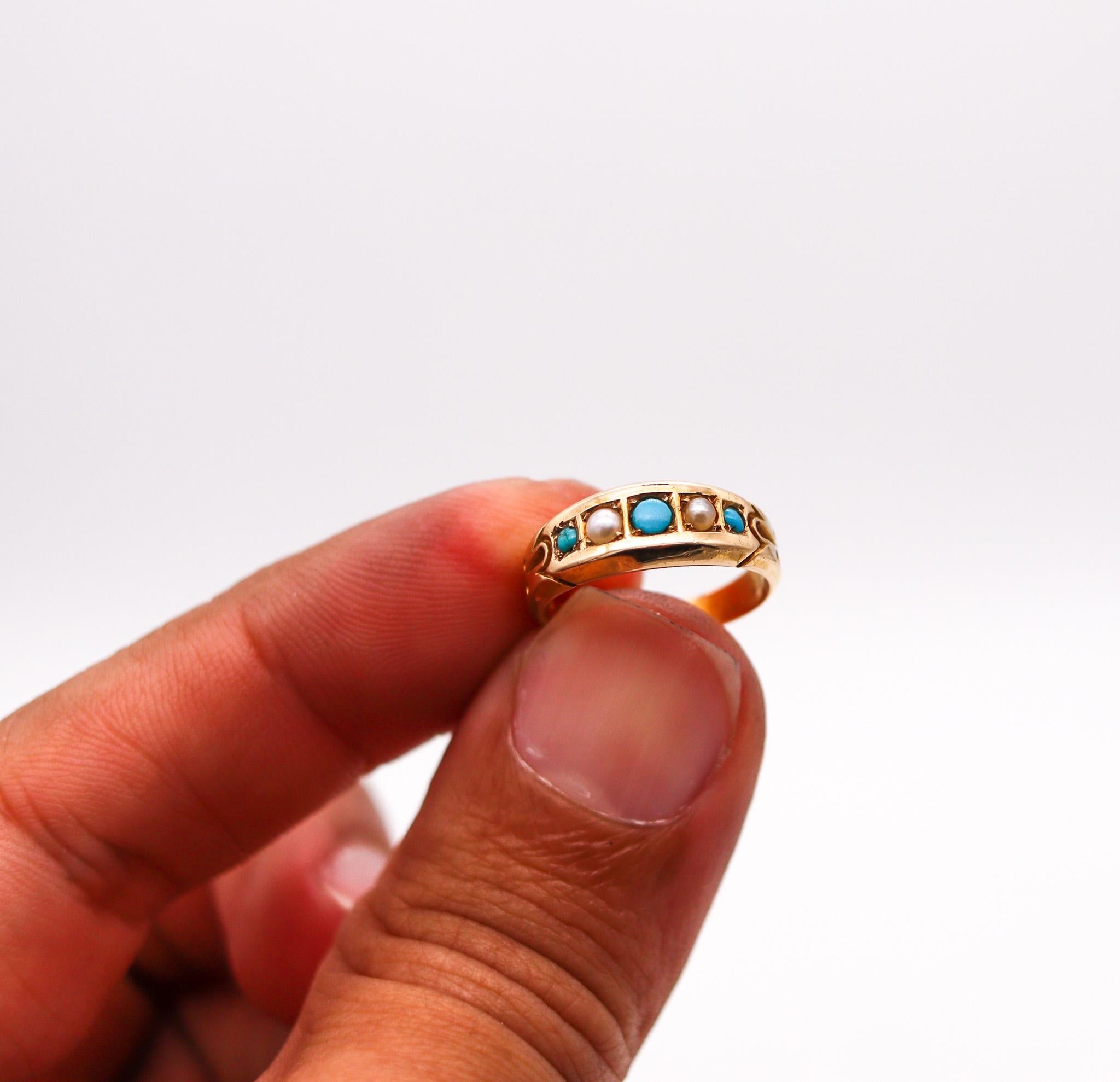 Women's Victorian 1886 Birmingham Antique Ring in 18kt Gold with Turquoises and Pearls