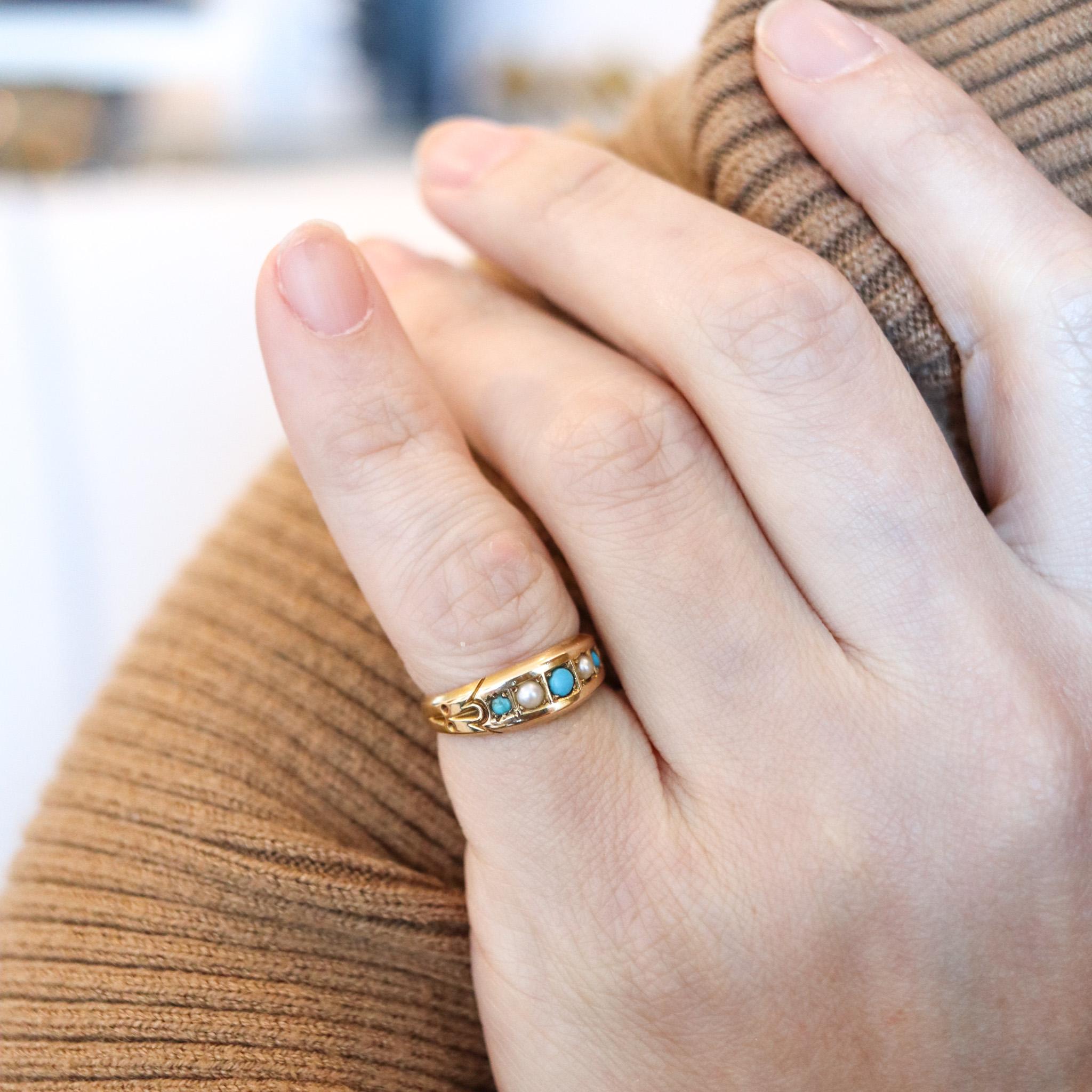 Victorian 1886 Birmingham Antique Ring in 18kt Gold with Turquoises and Pearls 1