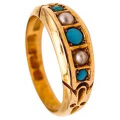 Victorian 1886 Birmingham Antique Ring in 18kt Gold with Turquoises and Pearls