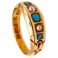 Victorian 1886 Birmingham Antique Ring in 18kt Gold with Turquoises and Pearls