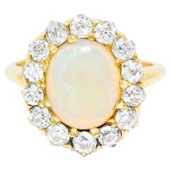 Victorian 1.89 Carats Opal Old European 
Mine Cut Diamond 18 Karat Gold Ring