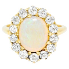 Victorian 1.89 Carats Opal Old European & Mine Cut Diamond 18 Karat Gold Ring