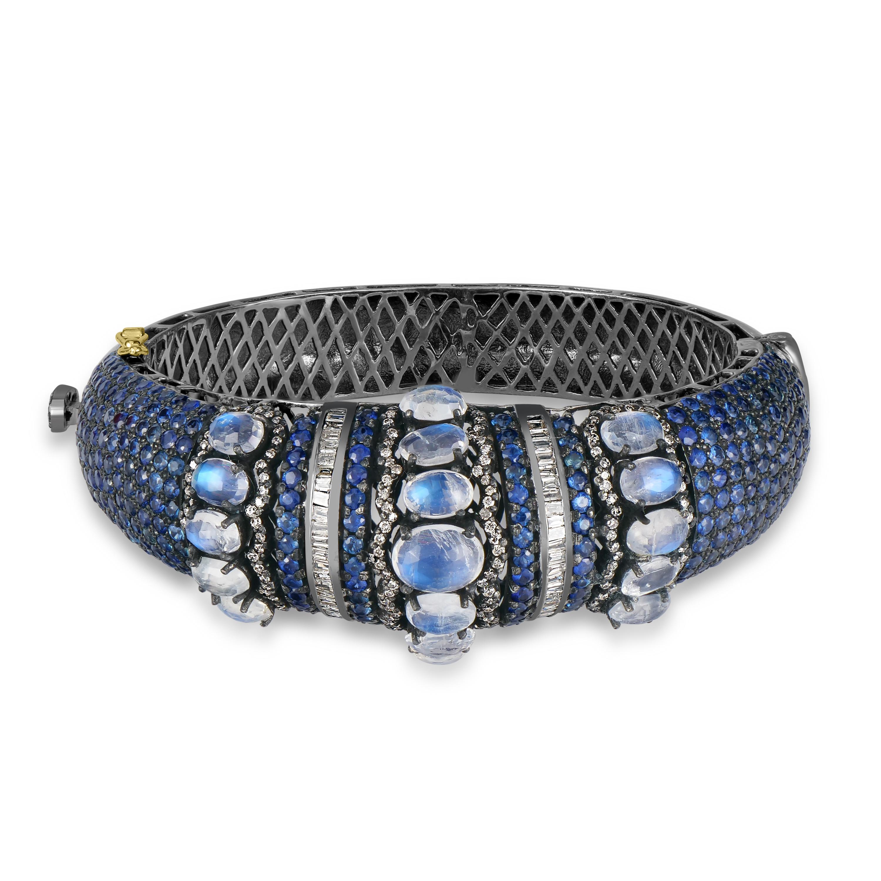 Round Cut Victorian 18.9 Cttw. Rainbow Moonstone, Blue Sapphire and Diamond Bangle   For Sale