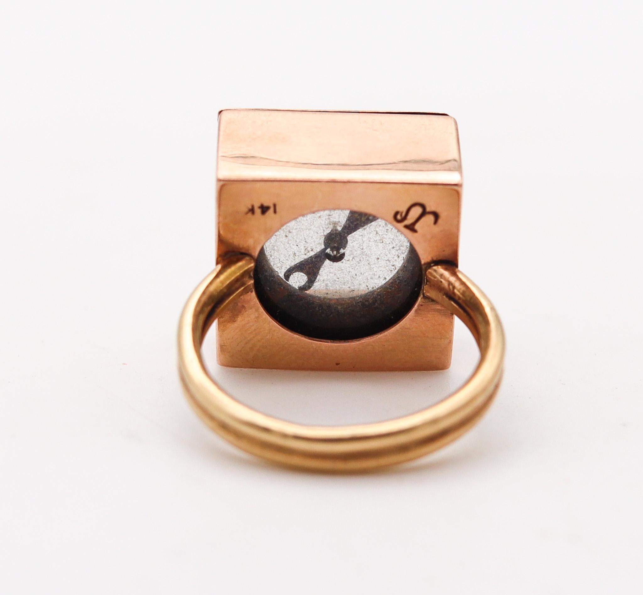Women's or Men's Victorian 1890 Antique Square Ring With a Functional Compass In 14Kt Rose Gold For Sale