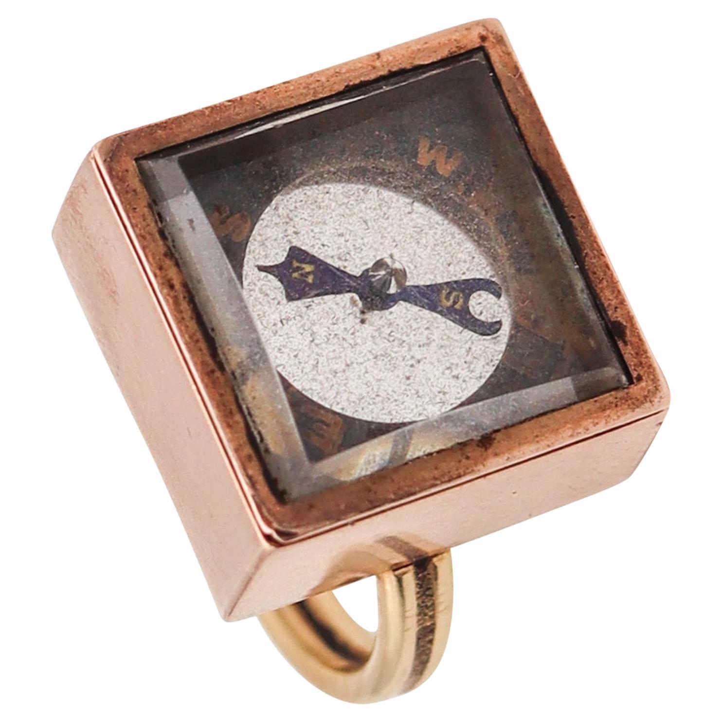 Victorian 1890 Antique Square Ring With a Functional Compass In 14Kt Rose Gold For Sale