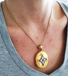 VICTORIAN 1890 Blue Enameled Locket Necklace In 18Kt Yellow Gold & White pearls