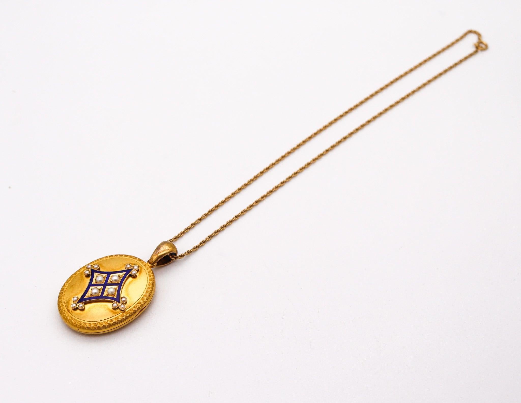 Victorian VICTORIAN 1890 Blue Enameled Locket Necklace In 18Kt Yellow Gold & White pearls For Sale