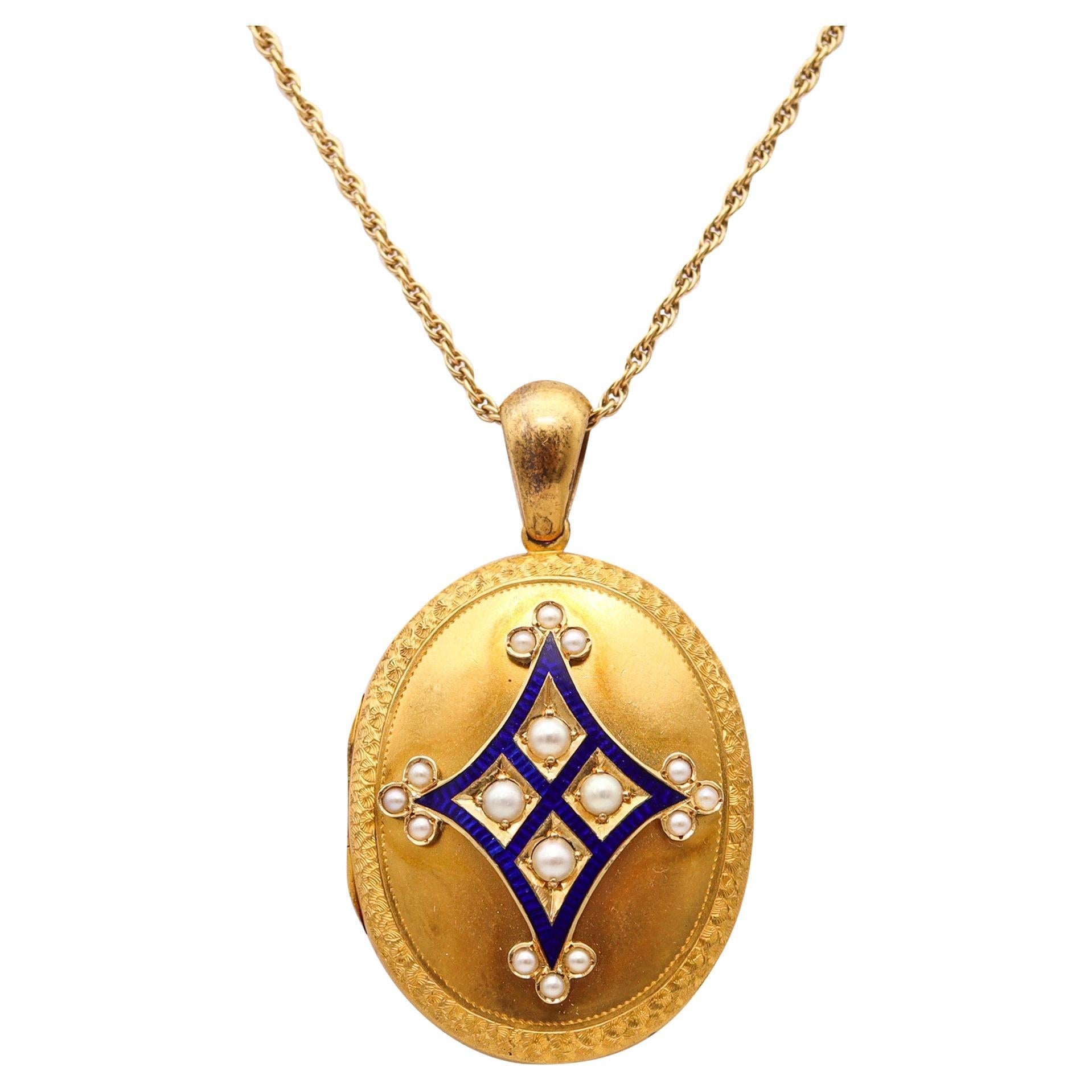 VICTORIAN 1890 Blue Enameled Locket Necklace In 18Kt Yellow Gold & White pearls For Sale