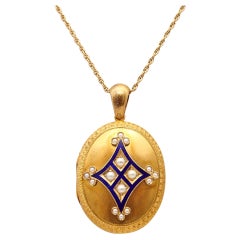 VICTORIAN 1890 Blue Enameled Locket Necklace In 18Kt Yellow Gold & White pearls