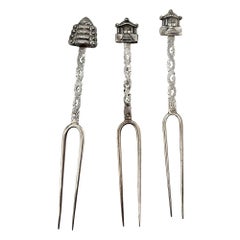 Victorian 1890 Chinese Export Silver Pickle Cocktail Fork, Set of 3