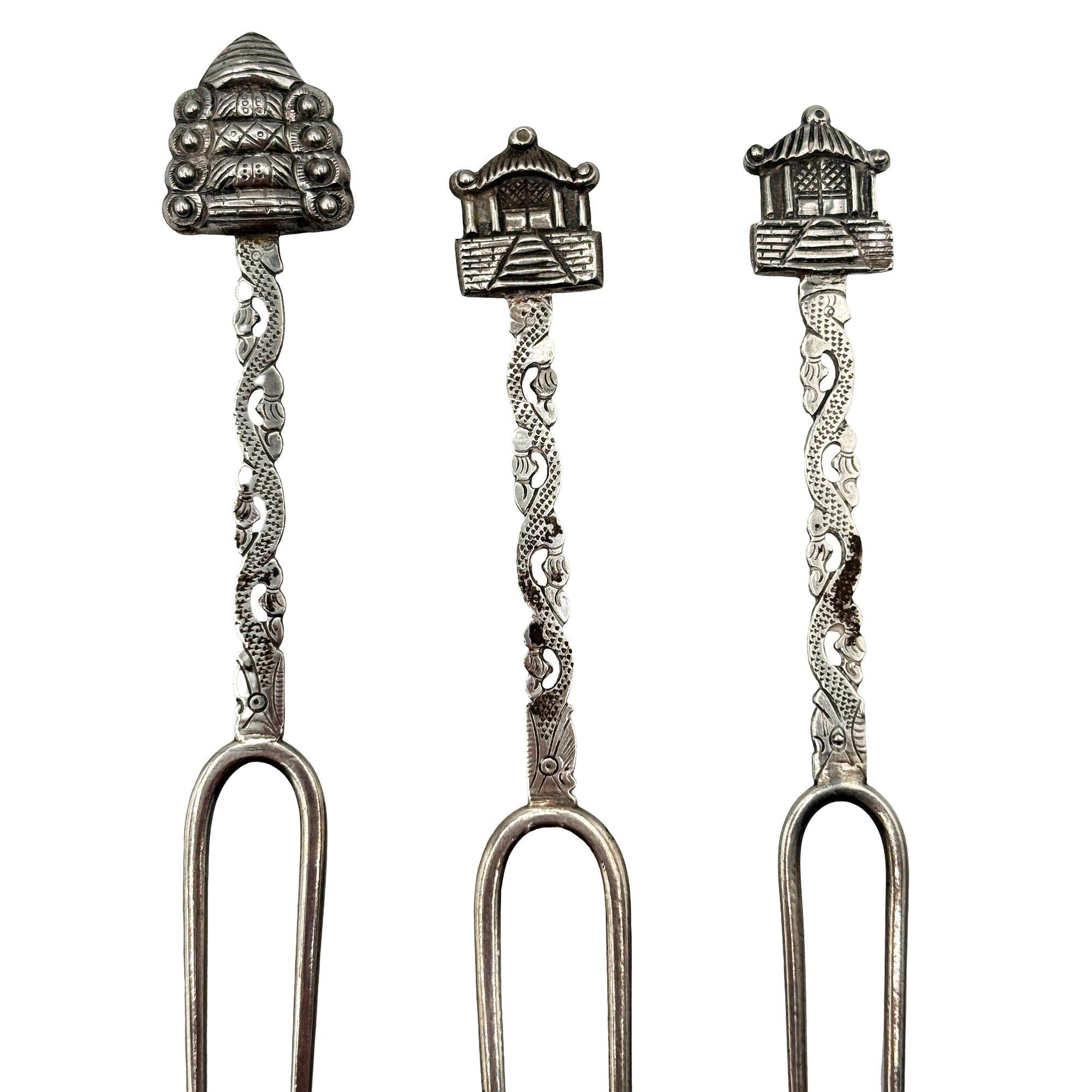 American Victorian 1890 Chinese Export Silver Pickle Cocktail Fork, Set of 3 For Sale