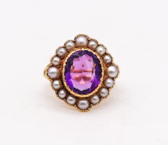 Victorian 1890 Cocktail Ring in 18kt Gold with 3.82cts Amethyst and Pearls