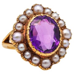 Victorian 1890 Cocktail Ring in 18kt Gold with 3.82cts Amethyst and Pearls