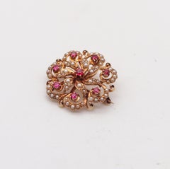 Victorian 1890 Convertible Pendant & Brooch Solid 14Kt Gold With Pearls & Rubies