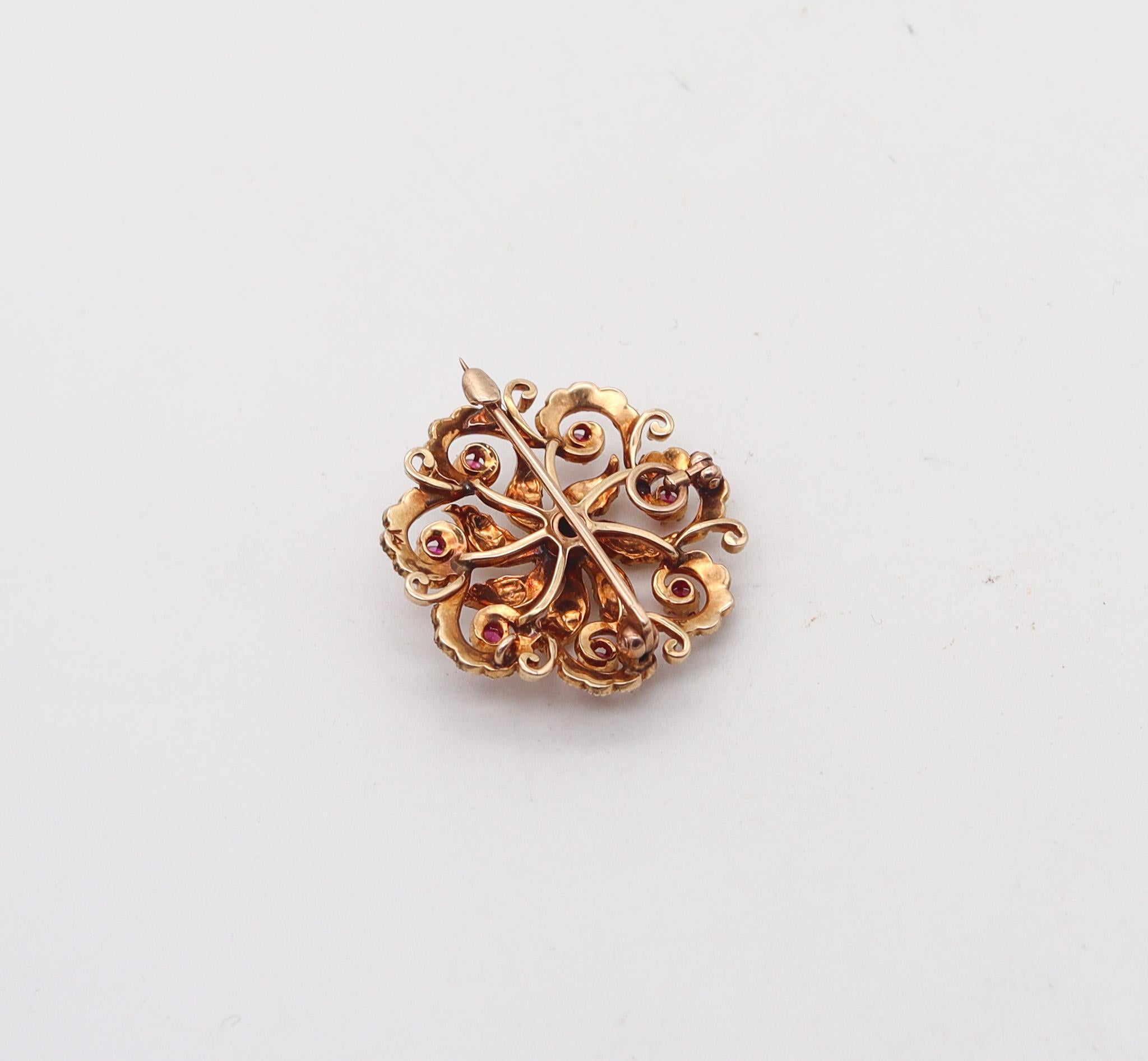 Round Cut Victorian 1890 Convertible Pendant & Brooch Solid 14Kt Gold With Pearls & Rubies For Sale