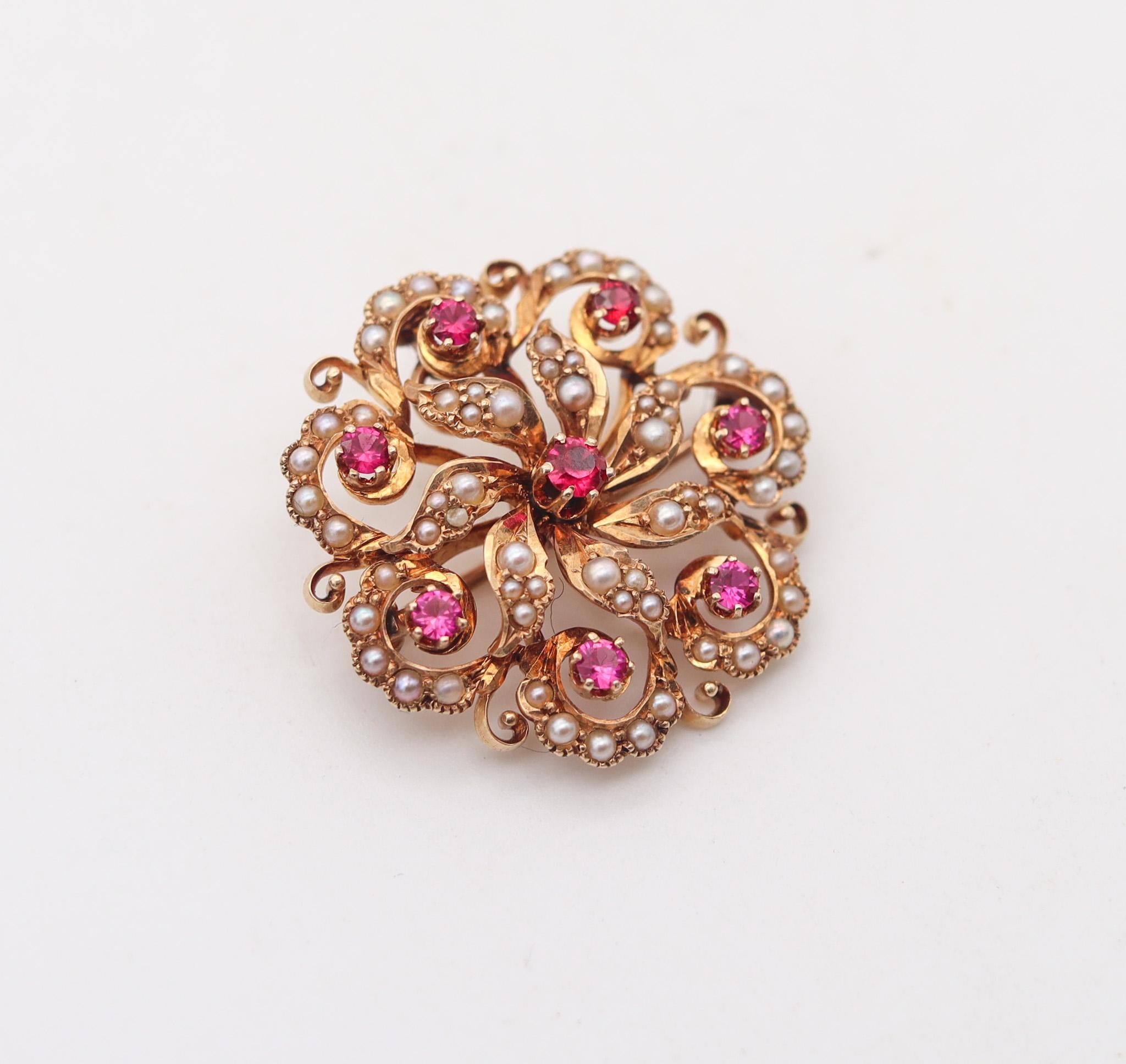 Women's Victorian 1890 Convertible Pendant & Brooch Solid 14Kt Gold With Pearls & Rubies For Sale