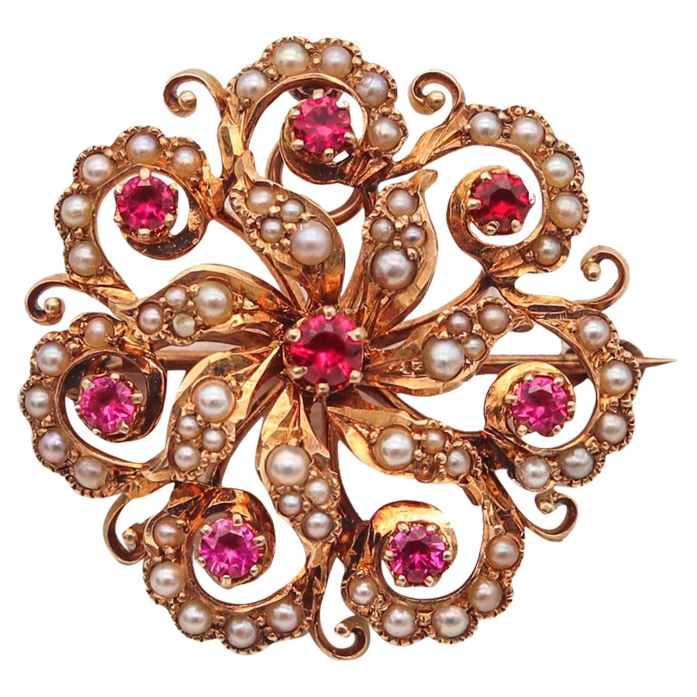 Victorian 1890 Convertible Pendant & Brooch Solid 14Kt Gold With Pearls & Rubies For Sale
