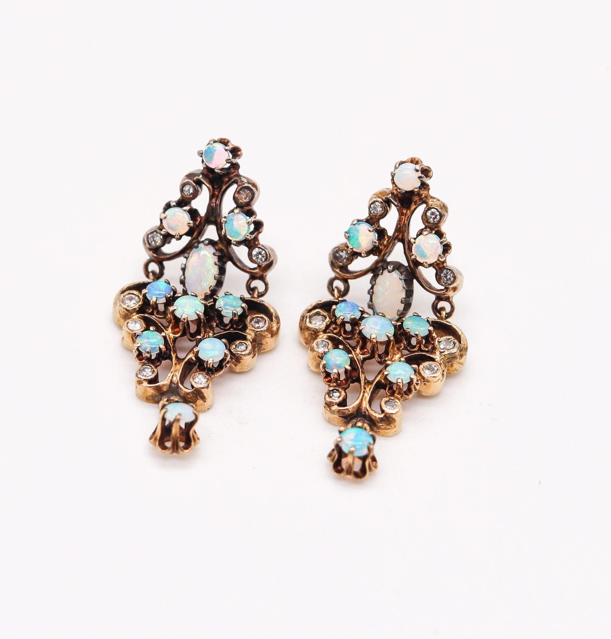 Victorien VICTORIAN 1890 Dangle Earrings In 18Kt Yellow Gold Precious-Opals & Diamonds en vente