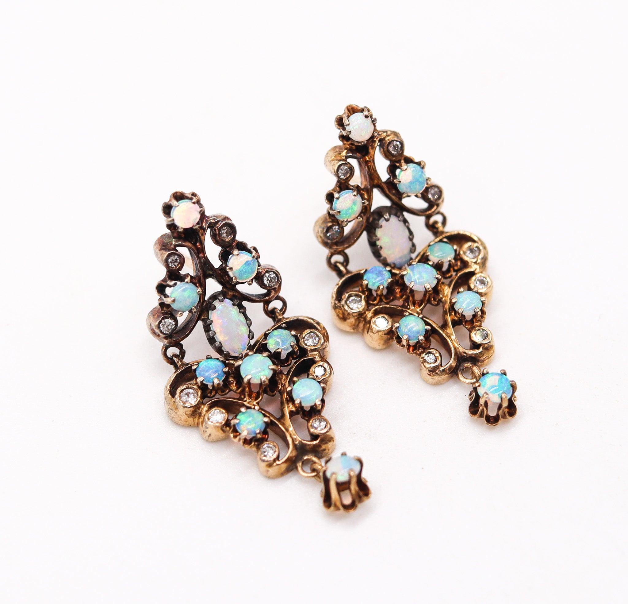 Taille mixte VICTORIAN 1890 Dangle Earrings In 18Kt Yellow Gold Precious-Opals & Diamonds en vente