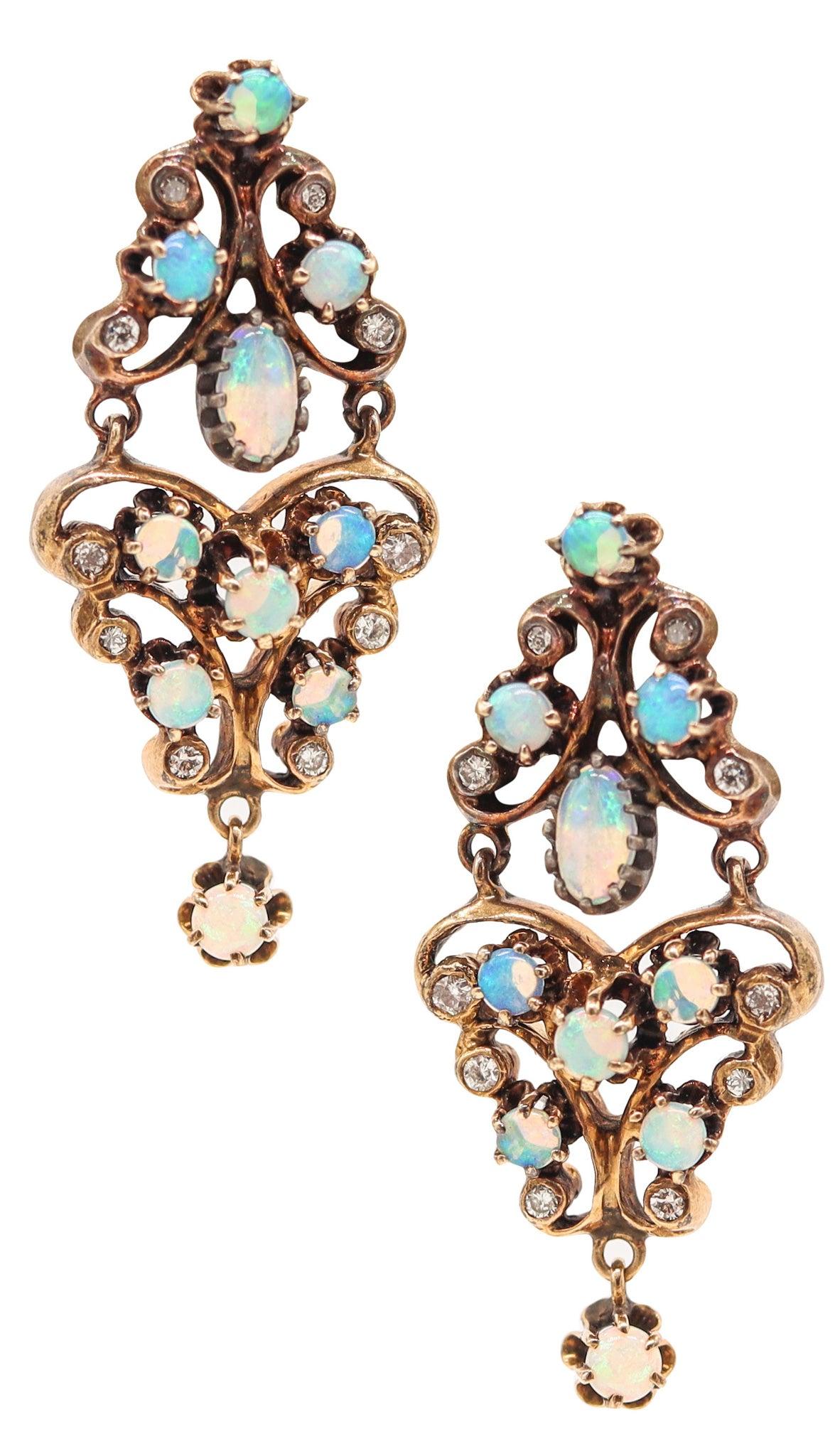 VICTORIAN 1890 Dangle Earrings In 18Kt Yellow Gold Precious-Opals 
Diamonds en vente