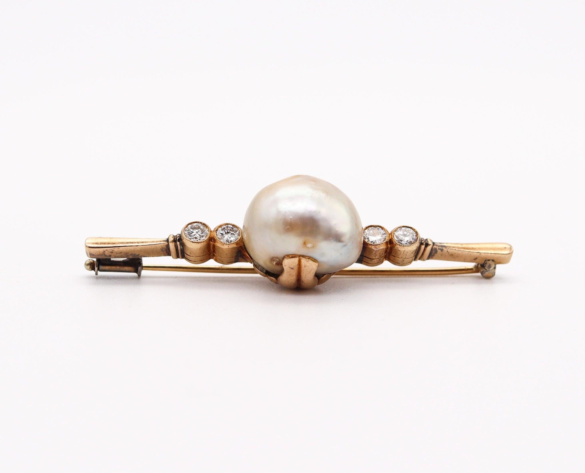 Late Victorian VICTORIAN 1890 GIA Bar Brooch In 14Kt Gold With 15.78 mm Natural Pearl & Diamond For Sale