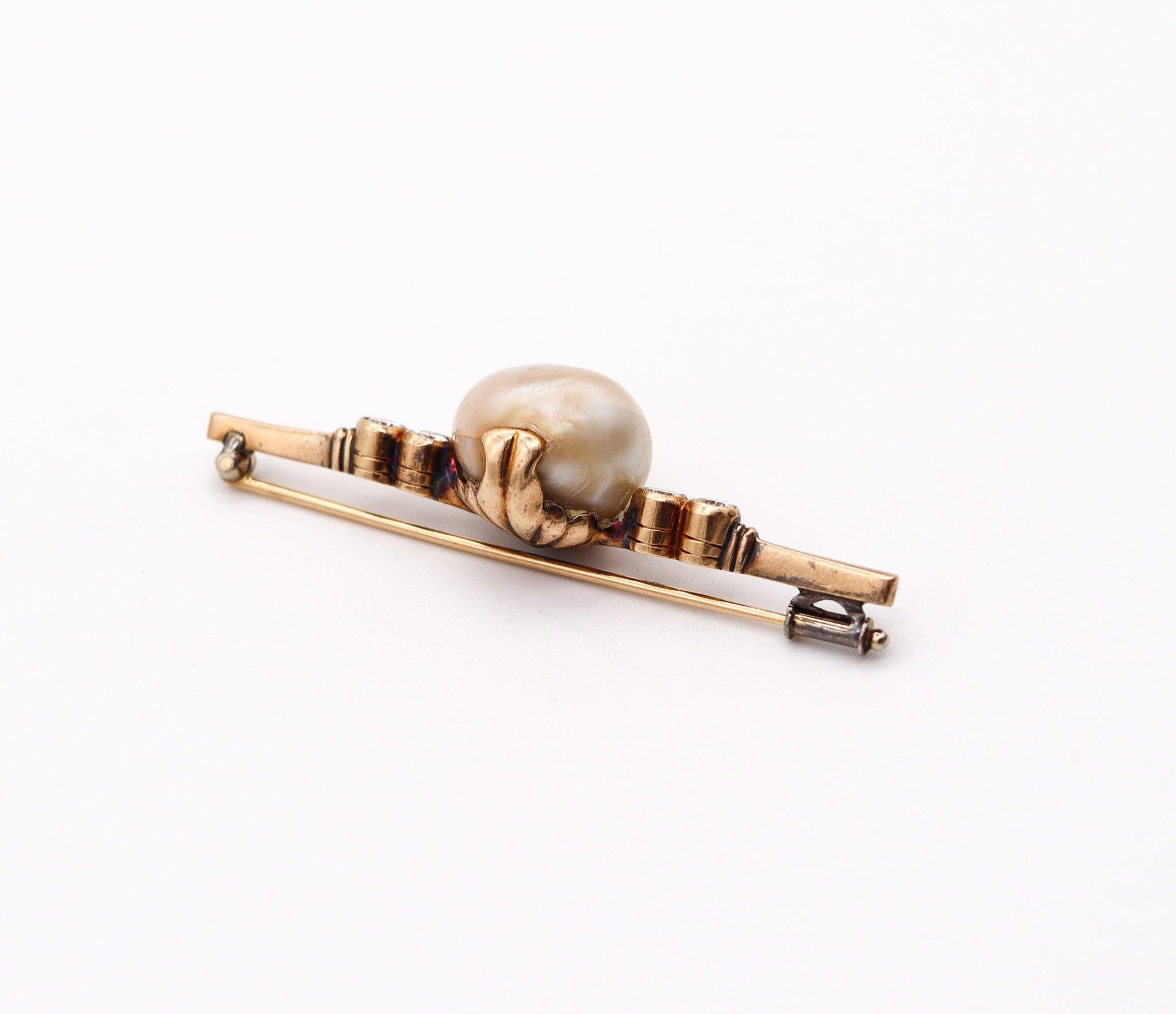 VICTORIAN 1890 GIA Bar Brooch In 14Kt Gold With 15.78 mm Natural Pearl & Diamond In Excellent Condition For Sale In Miami, FL