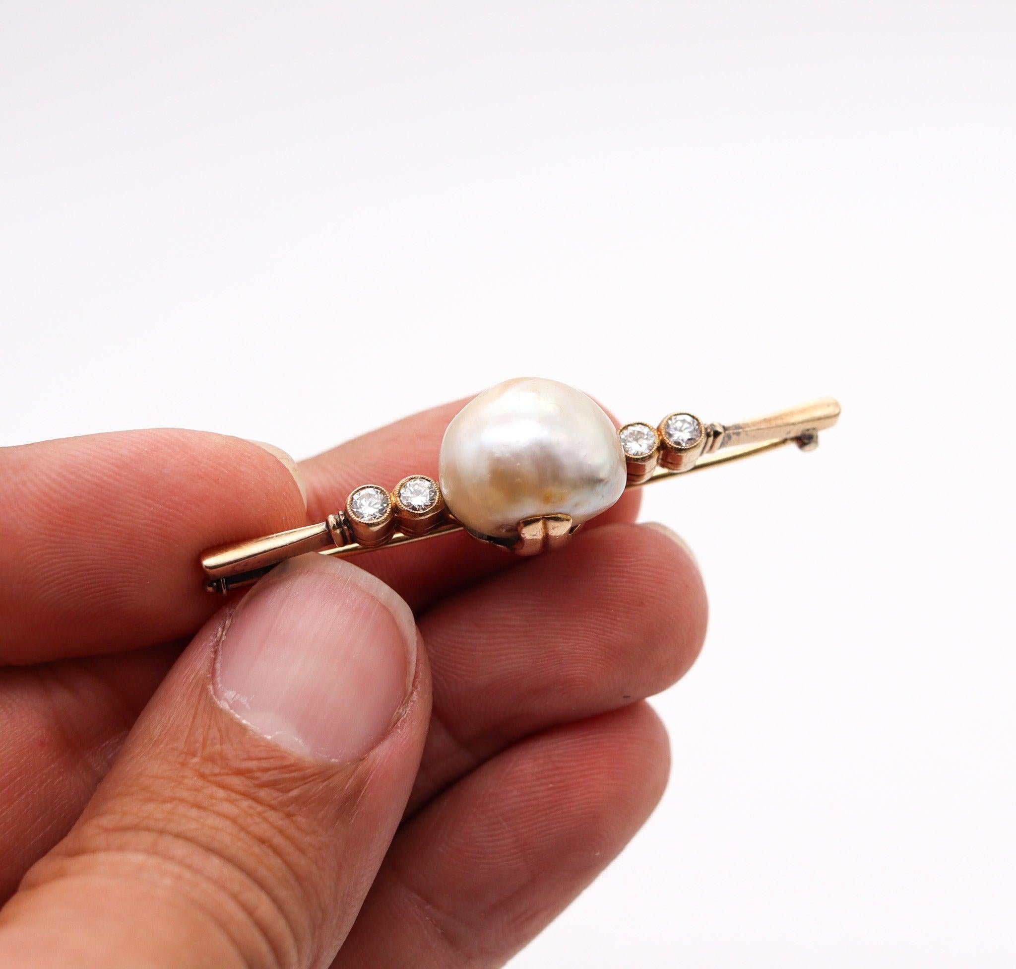 Women's VICTORIAN 1890 GIA Bar Brooch In 14Kt Gold With 15.78 mm Natural Pearl & Diamond For Sale