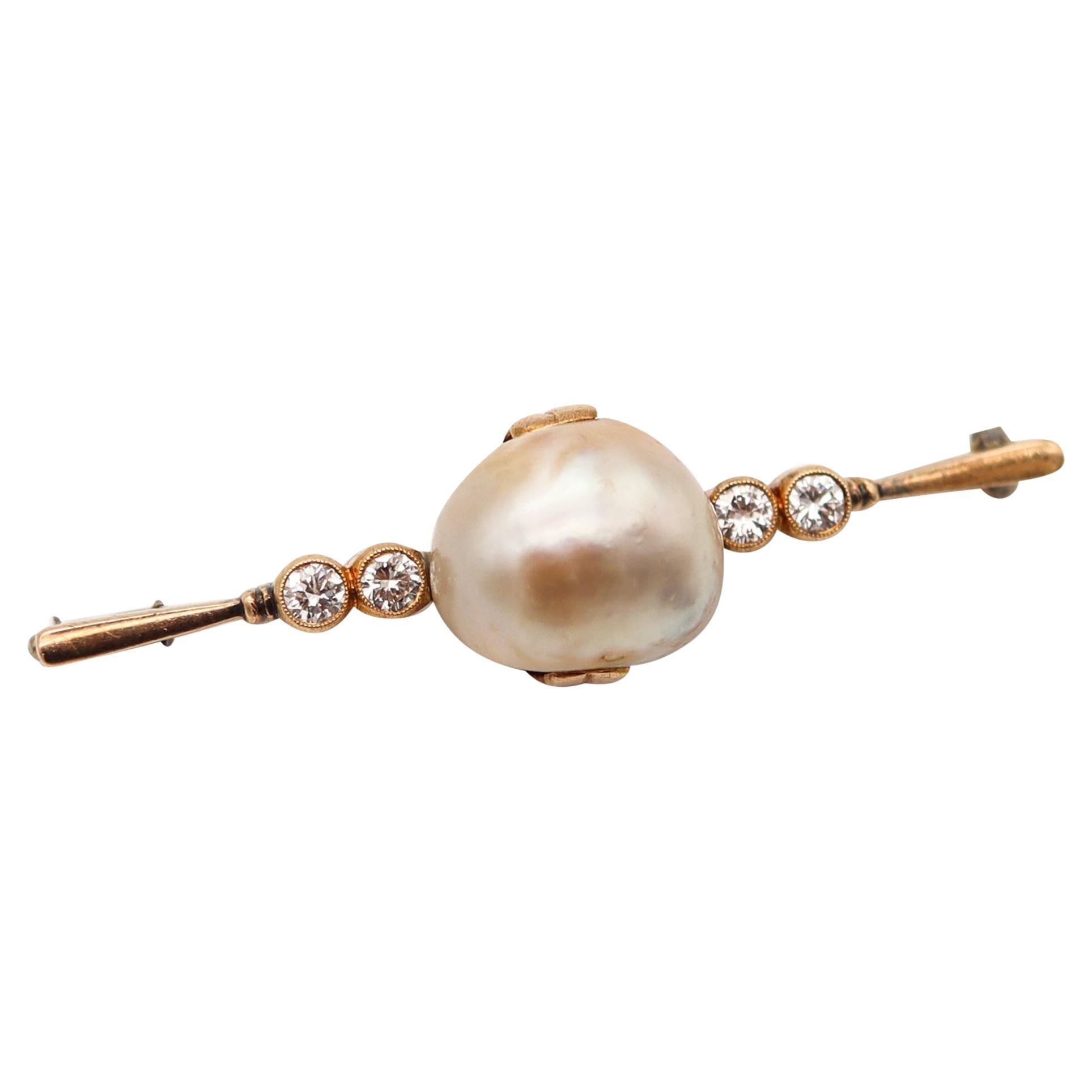 VICTORIAN 1890 GIA Bar Brooch In 14Kt Gold With 15.78 mm Natural Pearl & Diamond