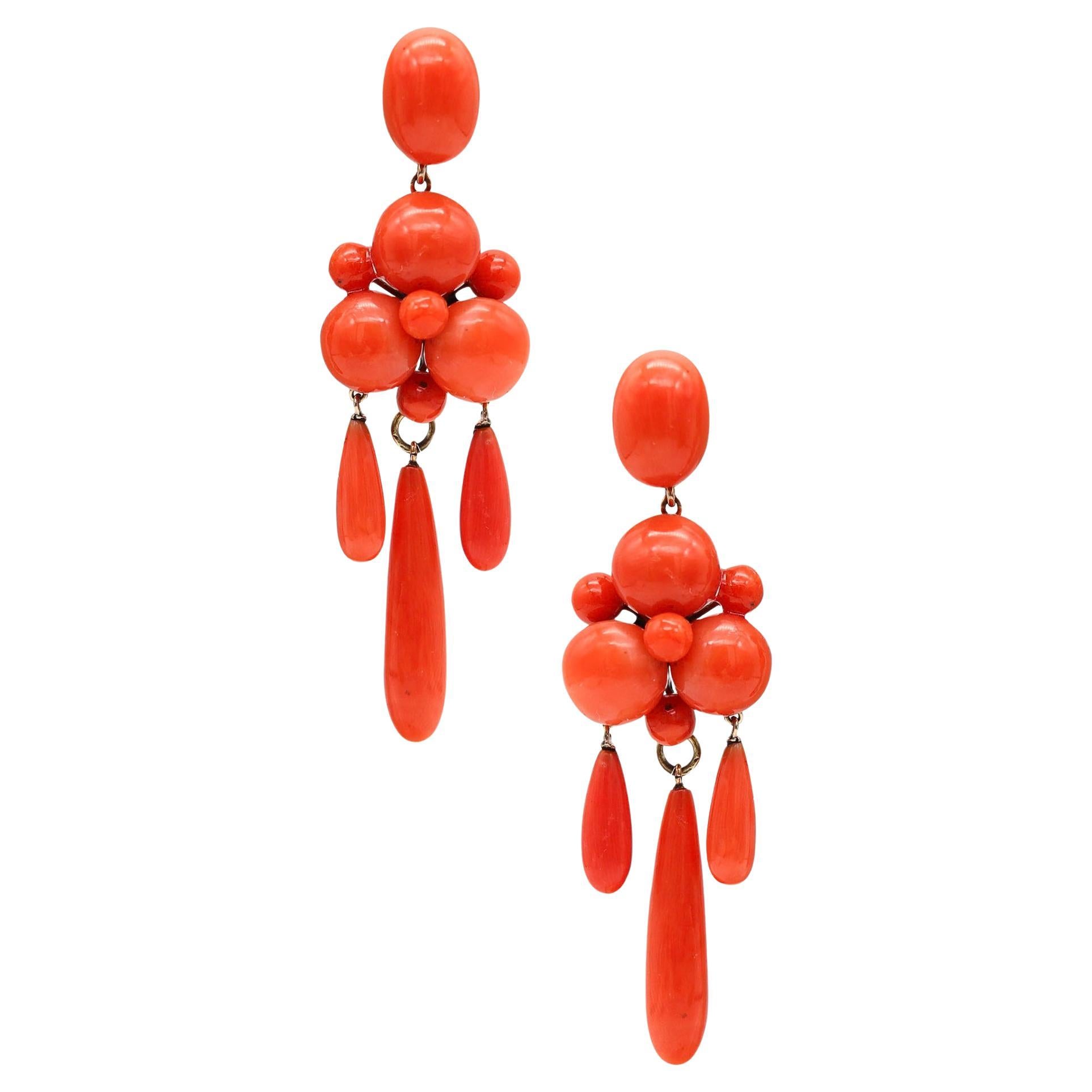 Victorian 1890 Italian Dangle Drop Earrings In I4Kt Yellow Gold With Red Corals For Sale