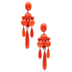 Vintage Victorian 1890 Italian Dangle Drop Earrings In I4Kt Yellow Gold With Red Corals
