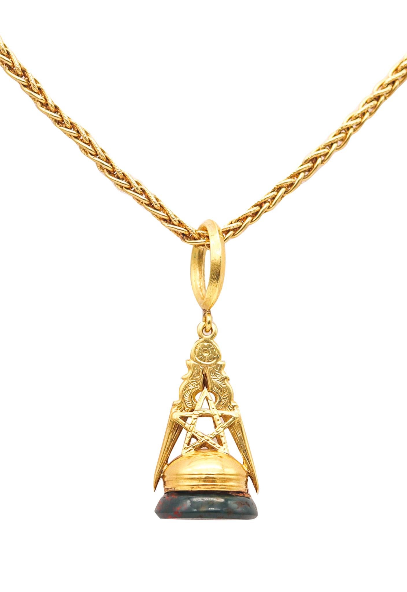 Victorian 1890 Masonic Seal Fob Pendant In 14Kt Gold With Plain Bloodstone For Sale
