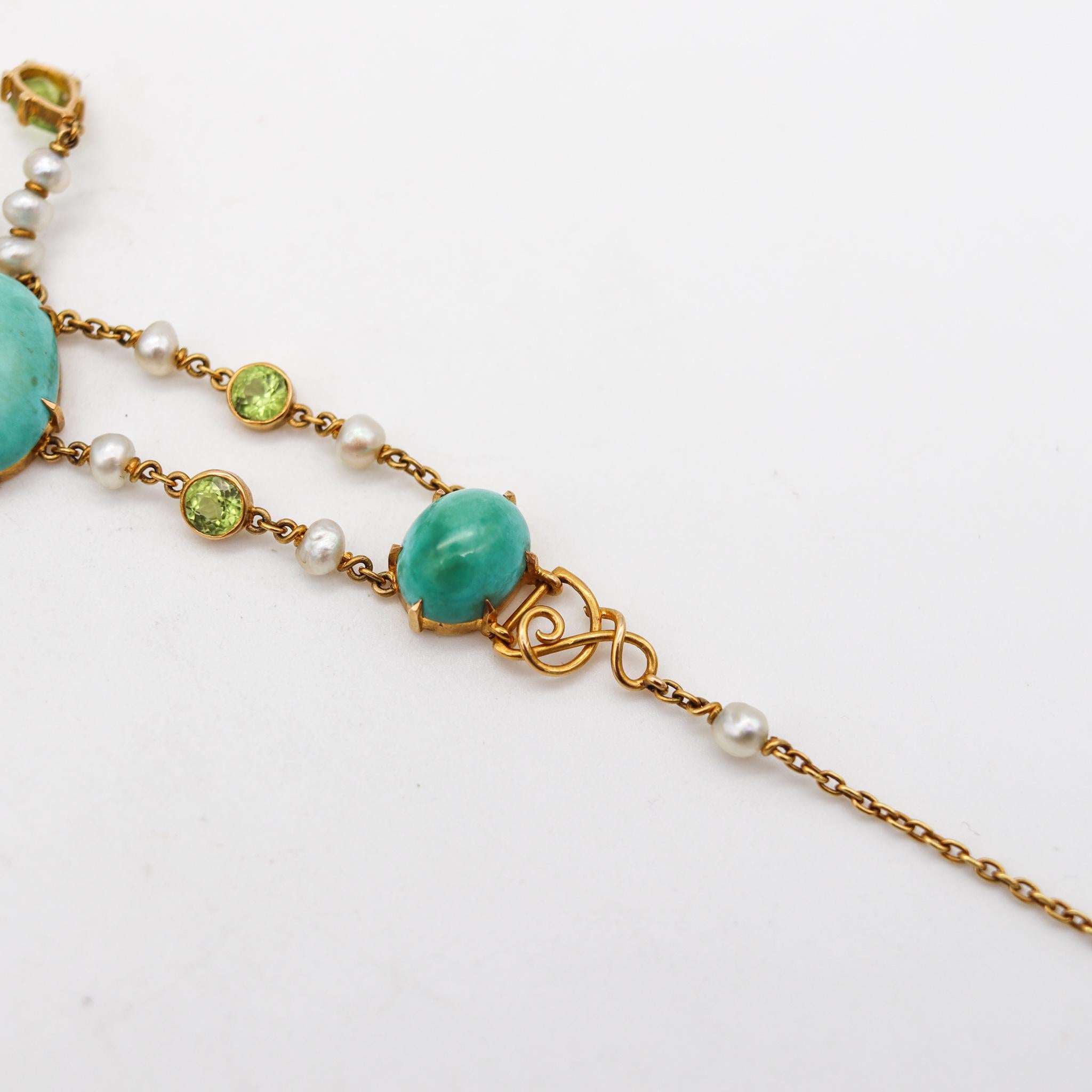 Women's Victorian 1890 Necklace in 18kt Gold with 51.04cts Peridots Turquoises & Pearls For Sale