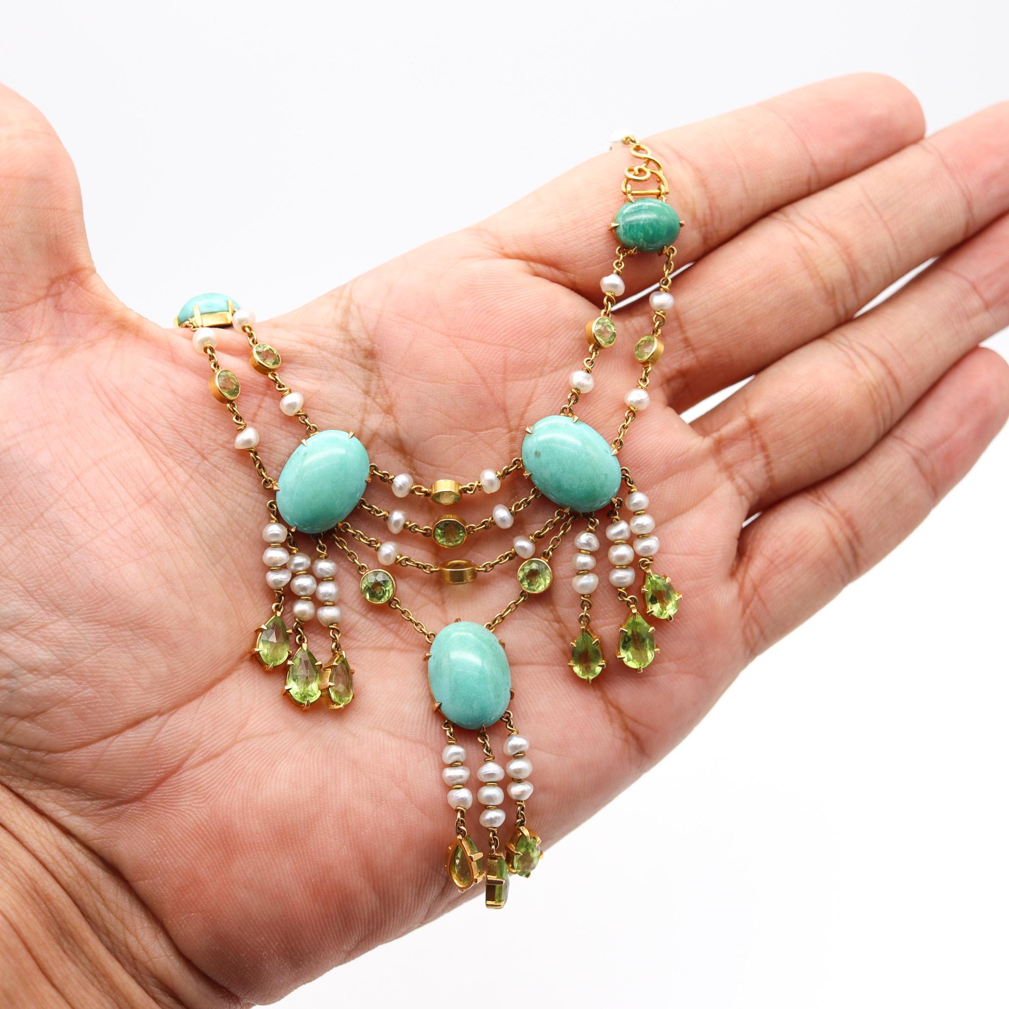 Victorian 1890 Necklace in 18kt Gold with 51.04cts Peridots Turquoises & Pearls For Sale 1