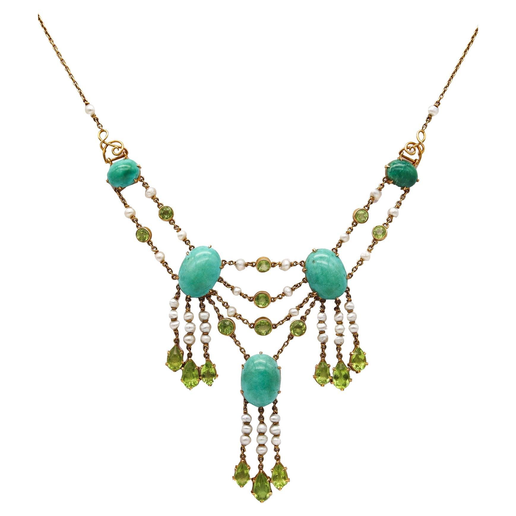 Victorian 1890 Necklace in 18kt Gold with 51.04cts Peridots Turquoises & Pearls For Sale