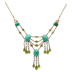 Collana vittoriana del 1890 in oro 18kt con peridoti, turchesi e perle da 51,04 carati