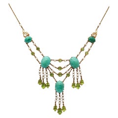 Antique Victorian 1890 Necklace in 18kt Gold with 51.04cts Peridots Turquoises & Pearls