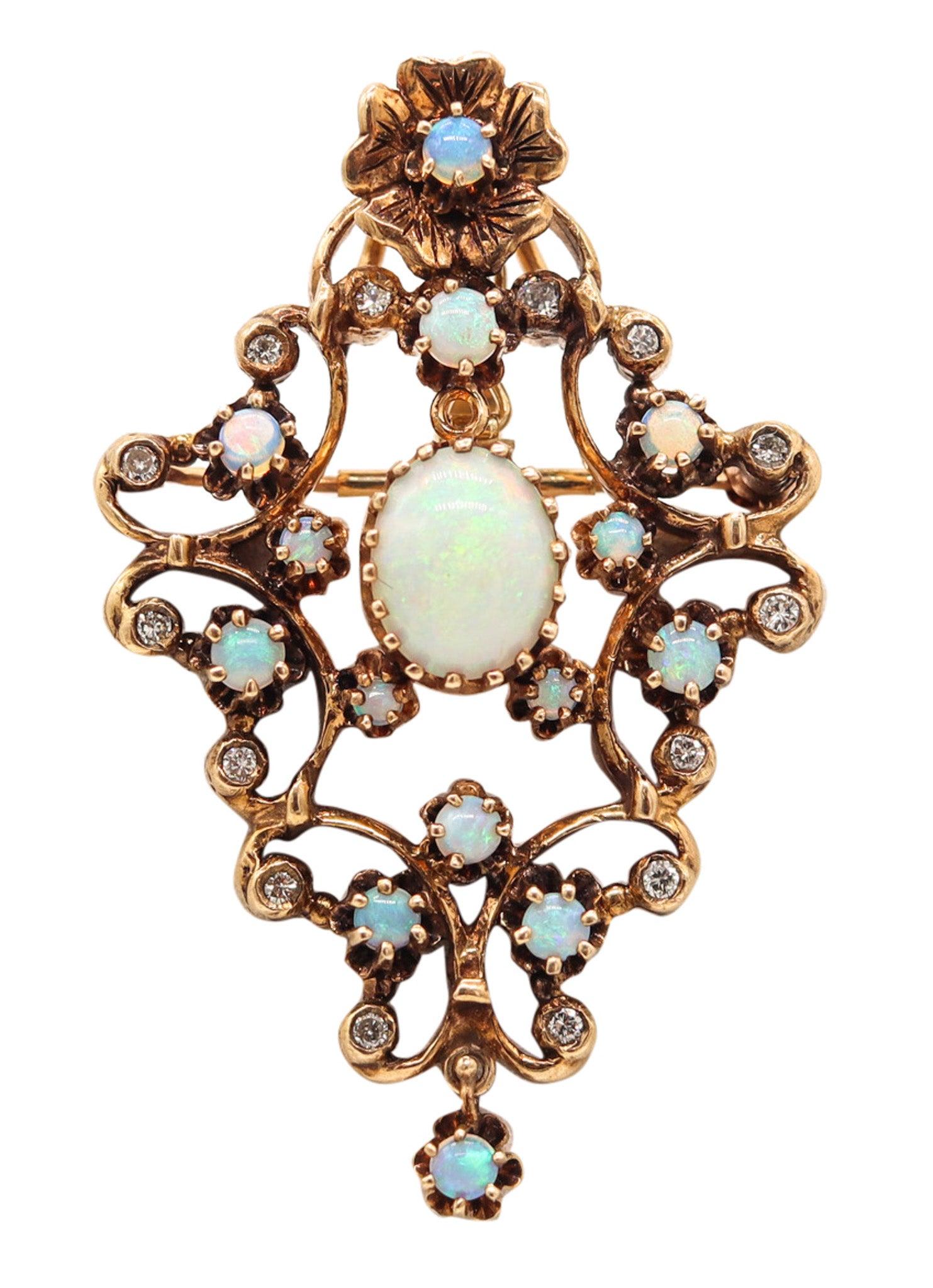 VICTORIAN 1890 Pendant-Brooch In 18Kt Yellow Gold Precious Opals 
Diamonds im Angebot